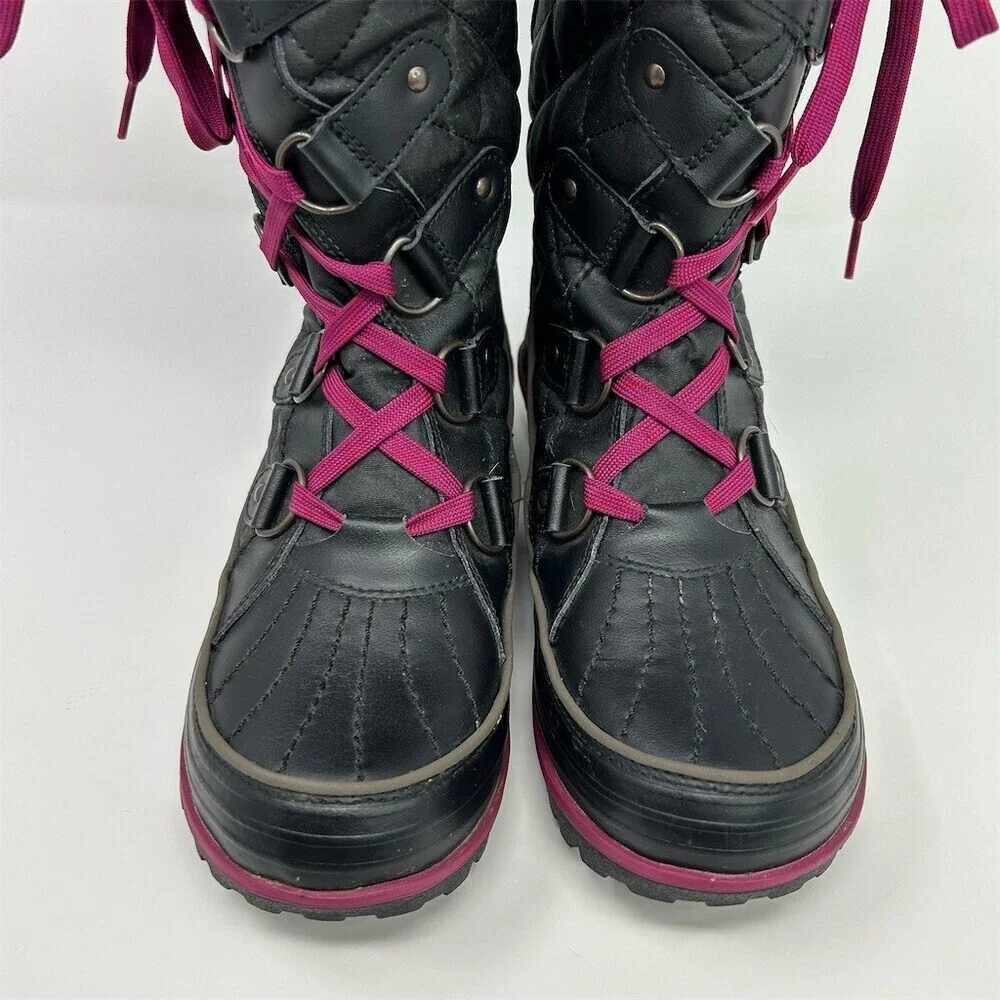 Sorel Tivoli Twist Snow Boots Womens Black Quilted Faux Fur Pink Laces Size 9